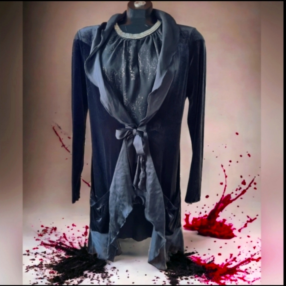 Chapter One Black Satiny Front Tie Crushed Velvet Elegant Long Ruffled Cardigan